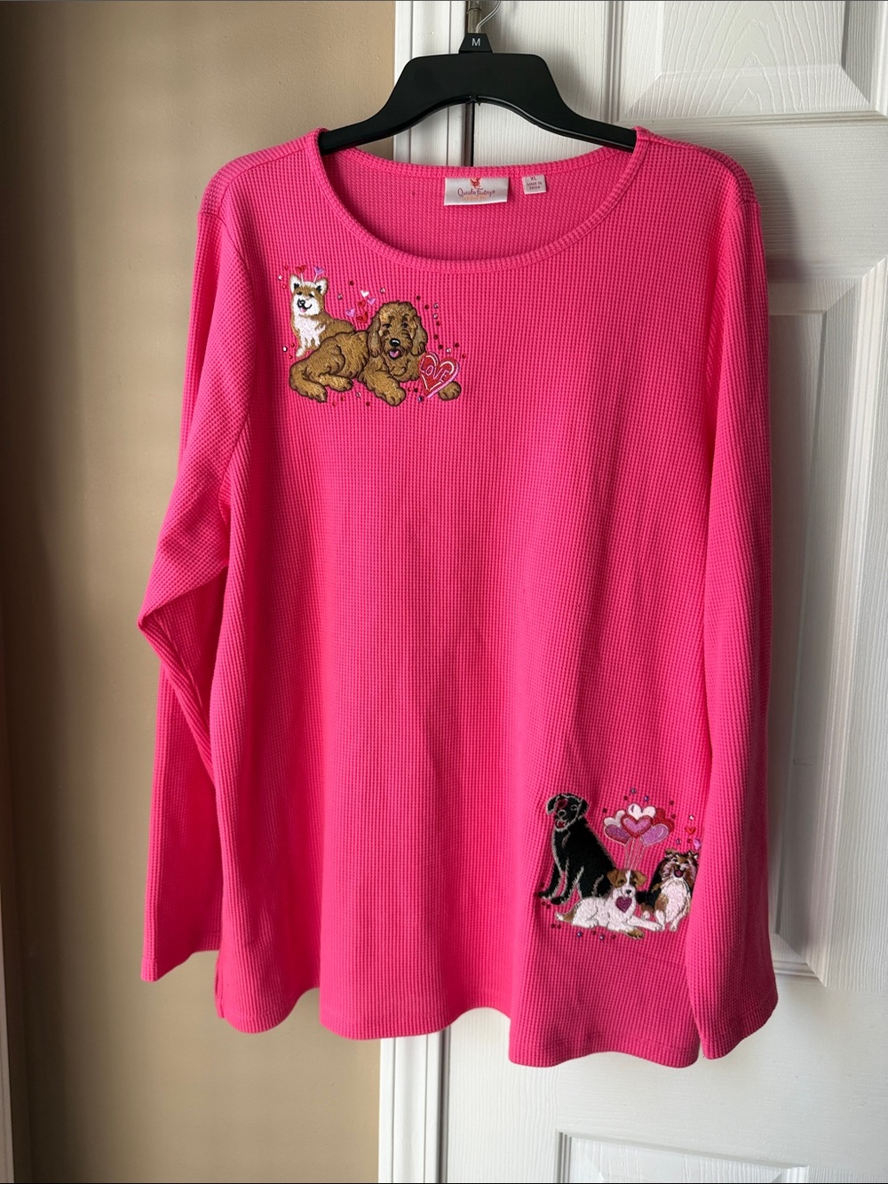 Quacker Factory Hot Pink Crewneck Sweater with Puppy Embroidery